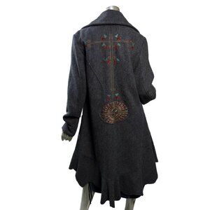 Bohemia (Sweden) Gray Embroidered Coat Large (12-14) Wool Blend Ruffled Slouchy